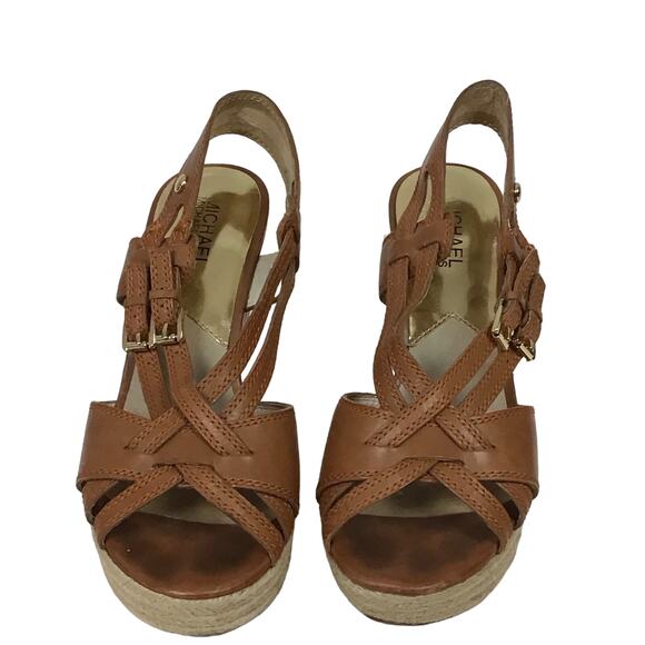 Michael Kors Keli Wedge Leather Espadrille Crossover Heel Sandal Brown Tan 8.5 - Picture 5 of 12